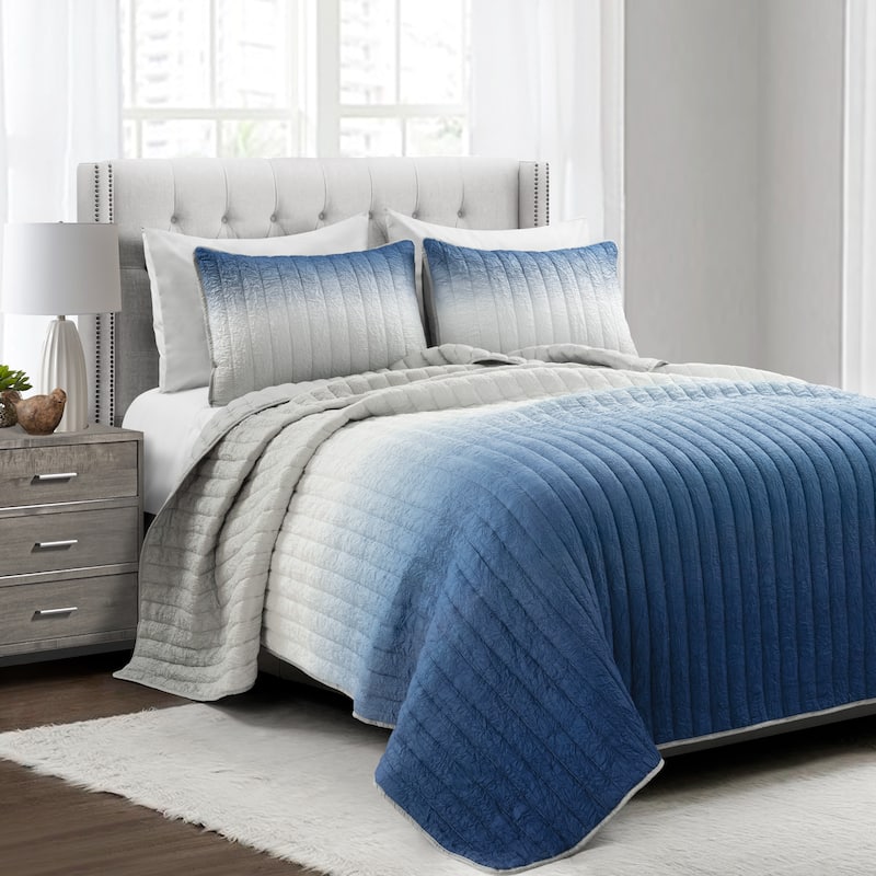 Lush Decor Crinkle Ombre 3 Piece Quilt Set - Navy - Full - Queen