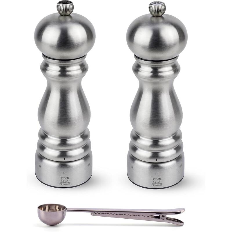 Peugeot Paris Chef u'Select Stainless Steel Salt & Pepper Mill Gift Set - With Stainless Steel Spice Scoop/Bag Clip (7 Inch) - Silver - 3 Piece