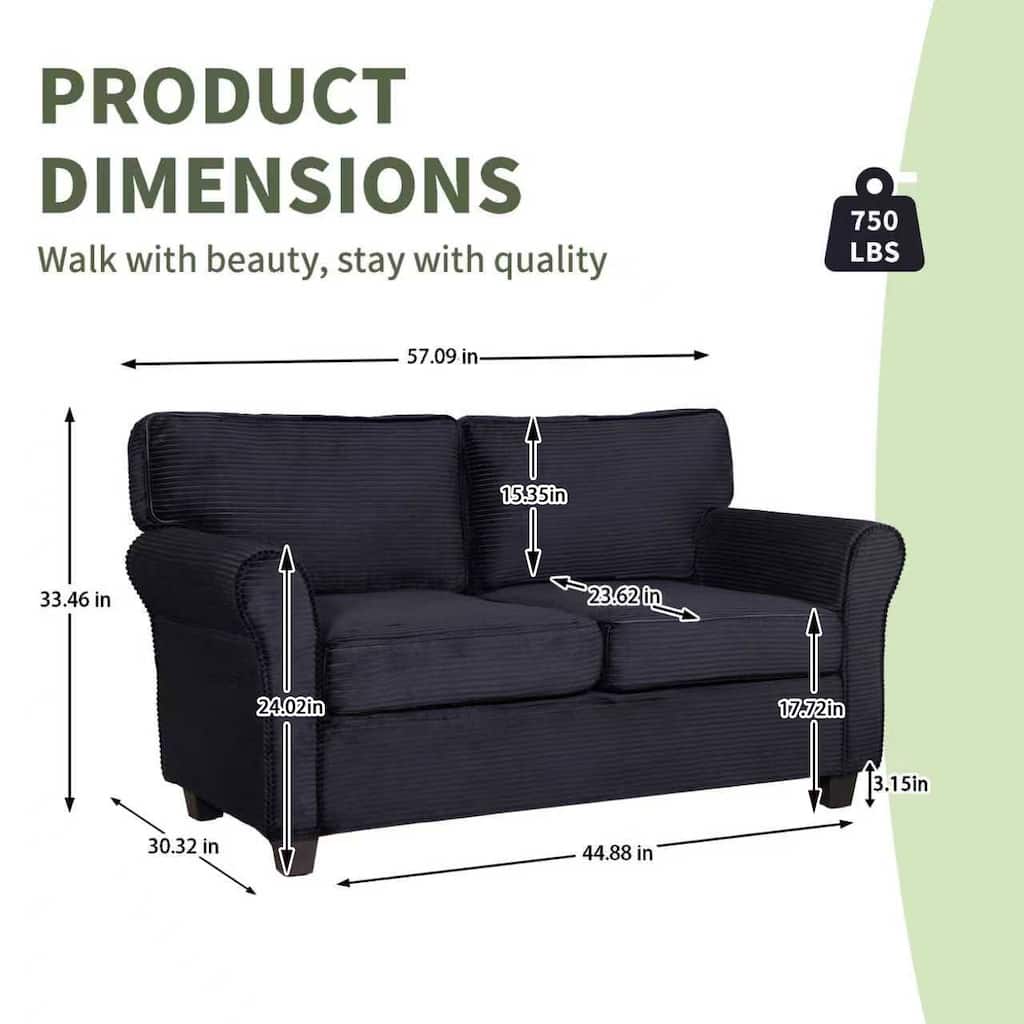 2-Seater Sofa Couch Loveseat for Living Room Bedroom, Black Sleeper Sofa Couch with Armrests and Wood Frame