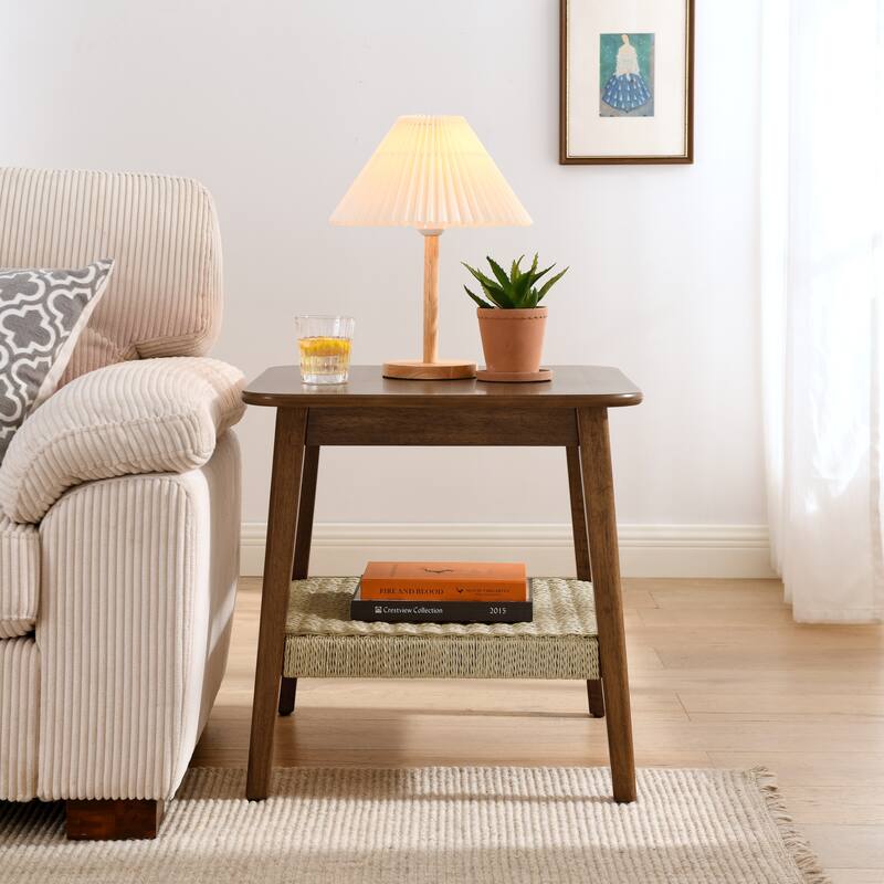 Side Table Coffee Table with Woven Shelf, End Table Sofa Table Hallway Table Cocktail Table Accent Table