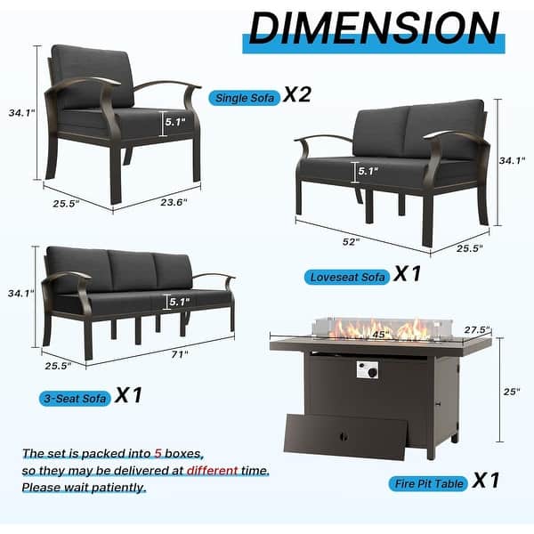 dimension image slide 5 of 14, Aluminum Patio Outdoor Sectional Sofa Set with Fire Pit, Swivel Rocking Chairs and Ottomans