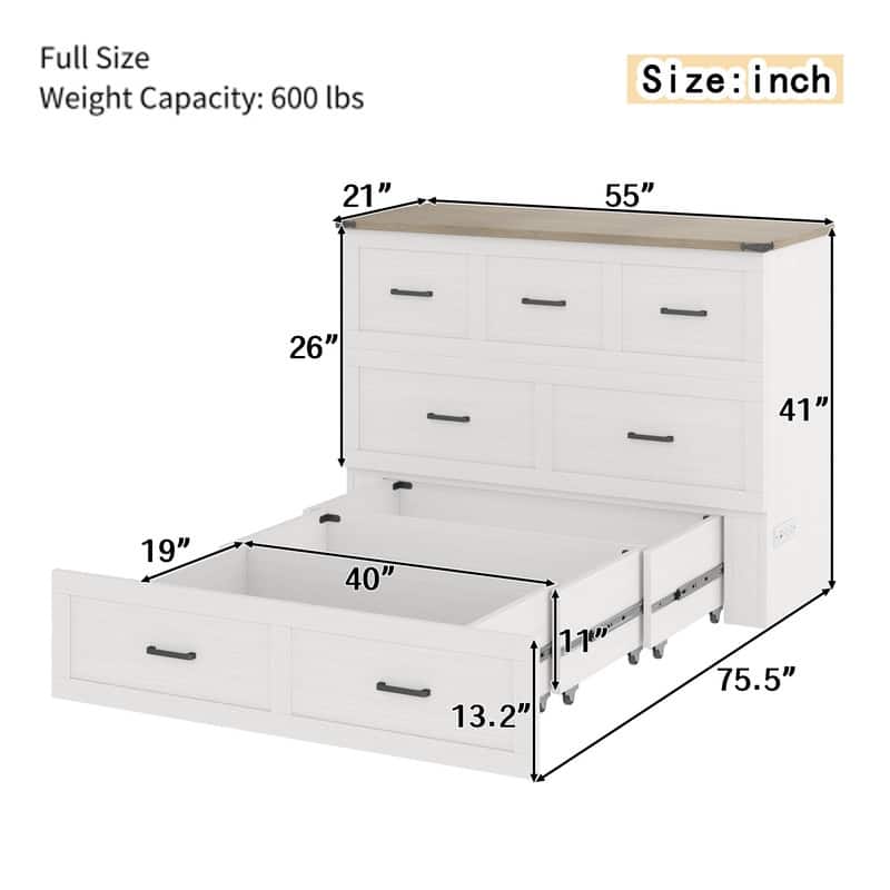 Full-Size Murphy Bed System - Wall Cabinet with USB Charging Station & Storage Drawer, Convertible Guest Bed for Small Rooms