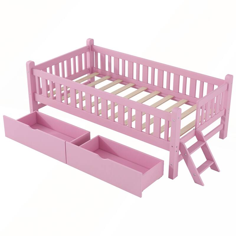 Wood Twin Size Platform Bed with Guardrail and 2 Drawers