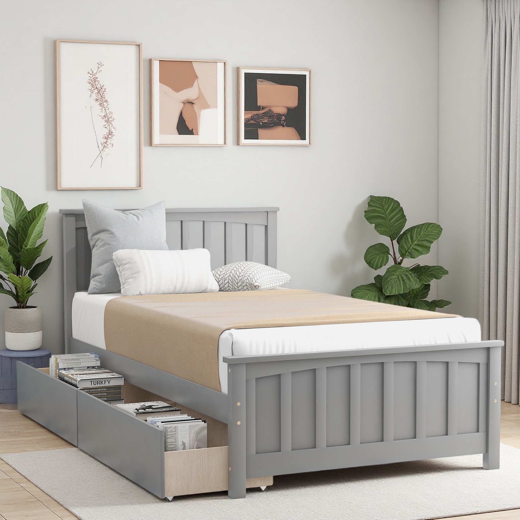 Twin Size Solid Wood Platform Bed with 2 Drawers