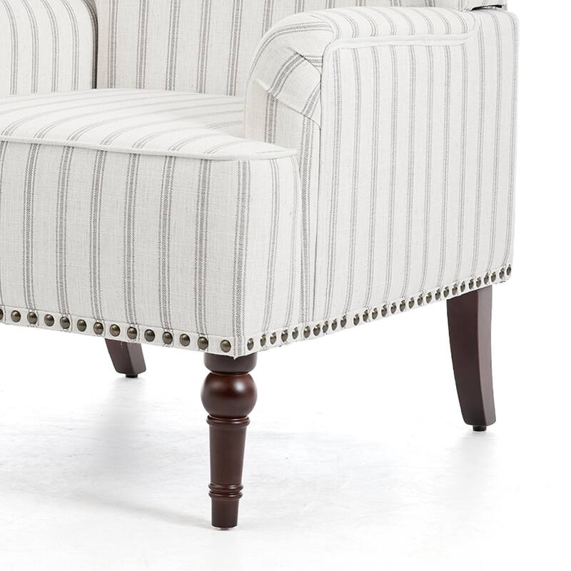 Set 2 Striped Upholstered Linen Armchair with Brass Nailhead Trim