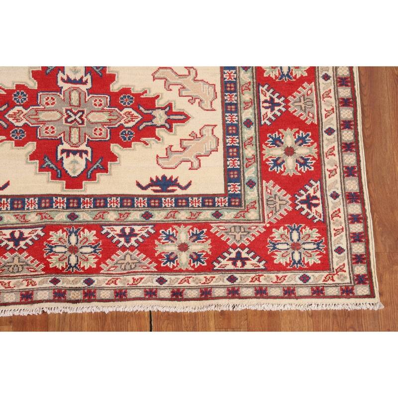 Kazak Oriental Area Rug Hand-Knotted Beige Geometric Wool Carpet - 5'1" x 6'7"