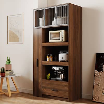 70.87" Tall Freestanding Kitchen Pantry – Pull-out Multi-tier Shelf, 1 Drawer, Aluminum-frame Glass Door; Food Hutch .