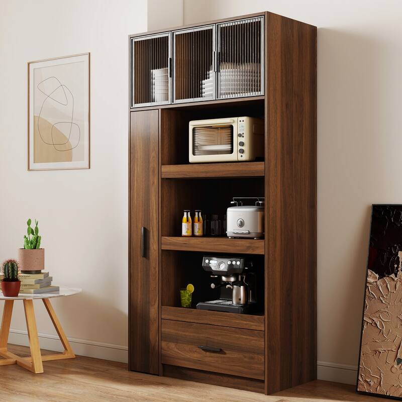 70.87" Tall Kitchen Pantry Cabinet with 4-Tier Side Shelf and 2 Drawers