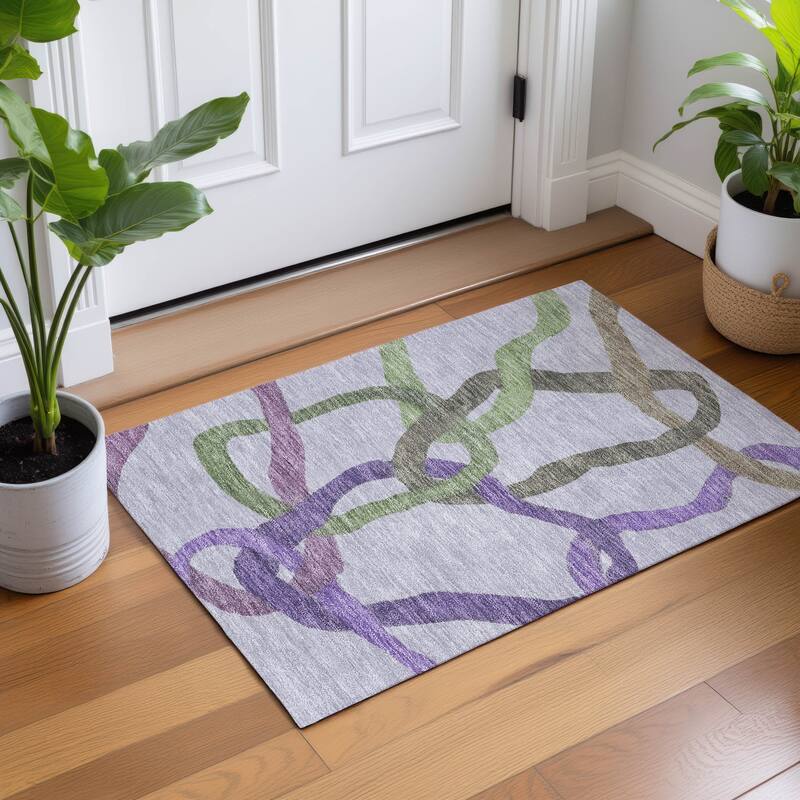 Machine Washable Indoor/ Outdoor Abstract Links Chantille Rug