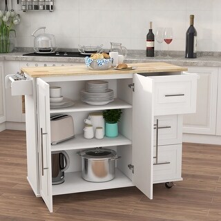 Farmhouse White Kitchen Island Cabinet with Extensible Solid Wood Table ...