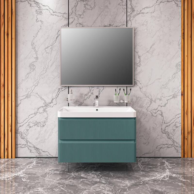 Modern Wall-Mounted Bathroom Vanity with Washbasin Luxury Green Matte Non-Toxic MDF-30"-No Mirror