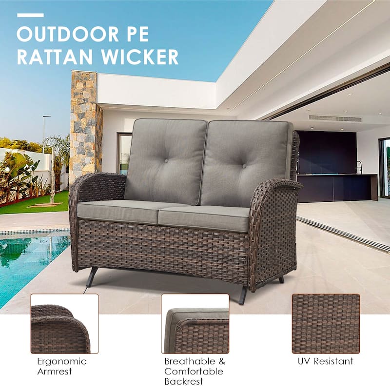 Outdoor Handwoven Wicker Loveseat Glider with Table - Brown