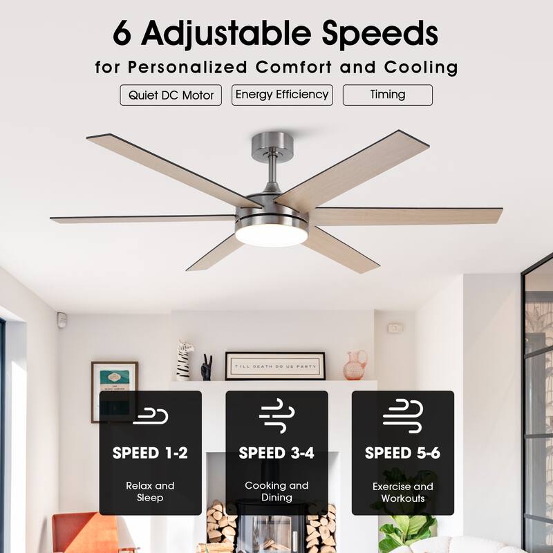 60-in Modern Brushed Nickel Wood Large Remote Indoor Smart Ceiling Fan with Light and APP