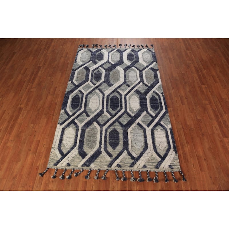 Modern Geometric Moroccan Area Rug Hand-Knotted Indian Wool Carpet - 5'1" x 8'3"