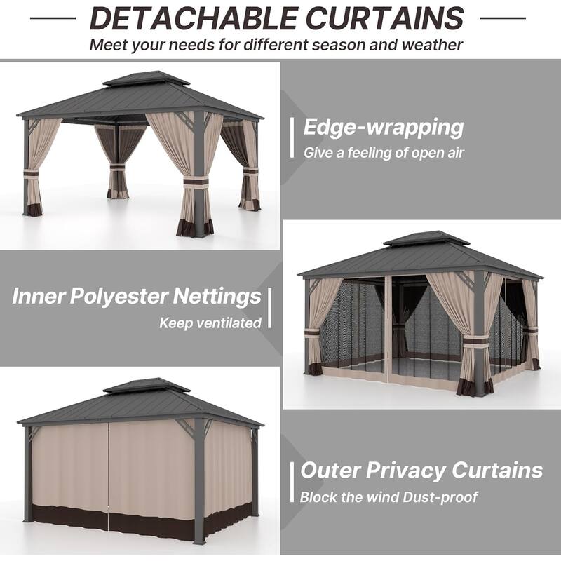 Kullavik Hardtop Gazebo w/ Galvanized Steel Roof & Aluminum Frame, New Outdoor Canopy w/ Mosquito Net & Curtain, Patio Pergola