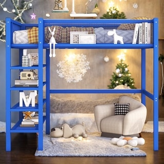 Modern Full Size Loft Bed with 4-Tier Shelves and Storage and 4-step Ladder for Bedroom