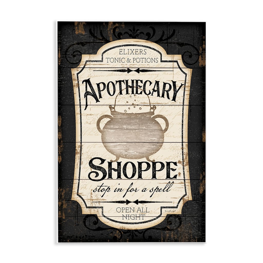 Stupell Apothecary Shoppe Spooky Halloween Sign Witch Potion Cauldron Wood Wall Art - Black