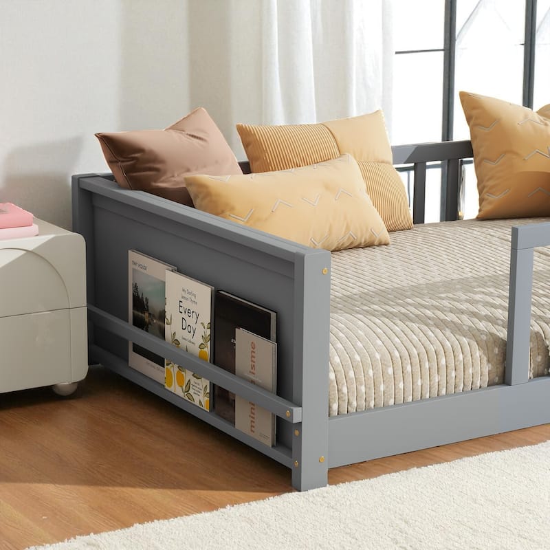 Twin Size Floor Platform Bed with Fence Rail and Built-in Book Rack, Wood Slat Support