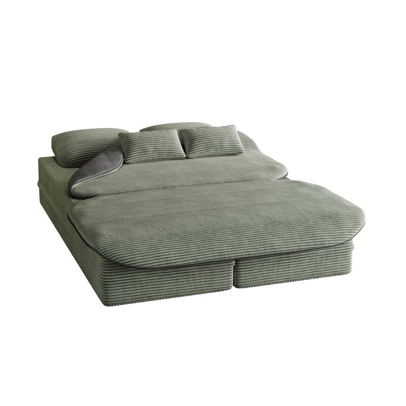 2-in-1 Floor Sleeper Sofa Bed Corduroy Foldable Sofa with Functional Blanket and Pillows for Living Room Bedroom Studio
