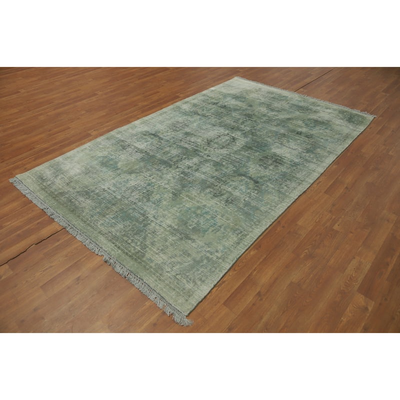 Hand-knotted Transitional Silk Carpet Green Oushak Rug Floral Oriental Area Rug - 8' 0'' X 4' 11''