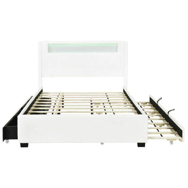 HomeRoots White Tufted Boucle Lighted Full Bed Frame With Trundle And USB And Drawers