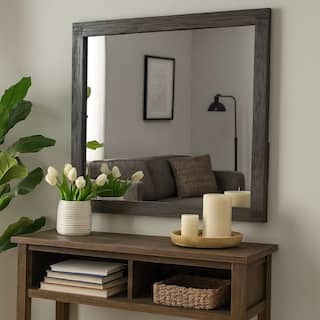 Wall Mirror with Rectangular Frame and Natural Wood Grain Details, Dark Brown