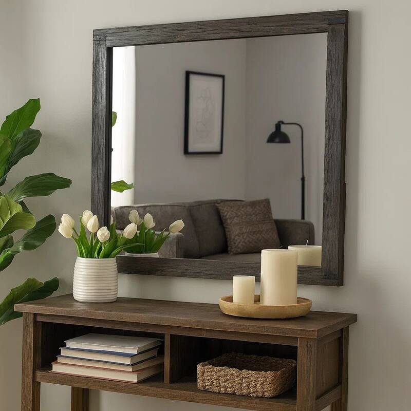 Wall Mirror with Rectangular Frame and Natural Wood Grain Details, Dark Brown