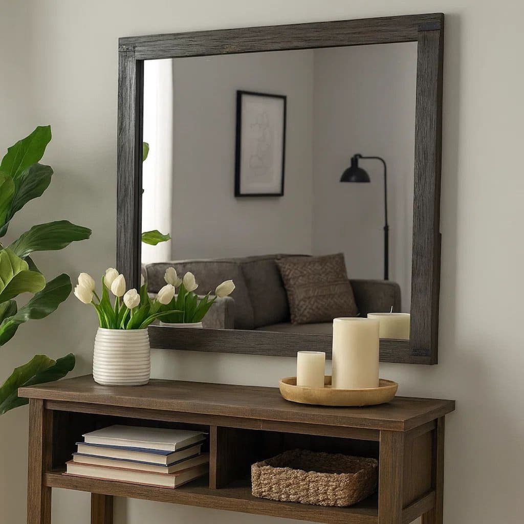 Wall Mirror with Rectangular Frame and Natural Wood Grain Details, Dark Brown