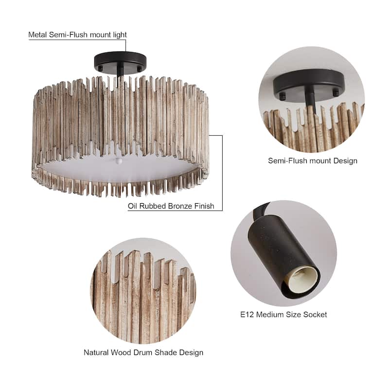 Distressed White 3-Light Wood Drum Semi-Flush Mount Ceiling Light
