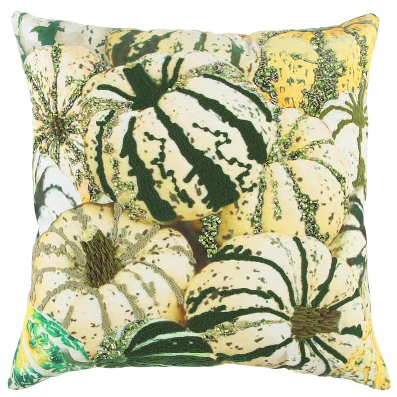 HomeRoots 20" Green and White Thanksgiving Cotton Pillow With Embroidery, Beads Edges