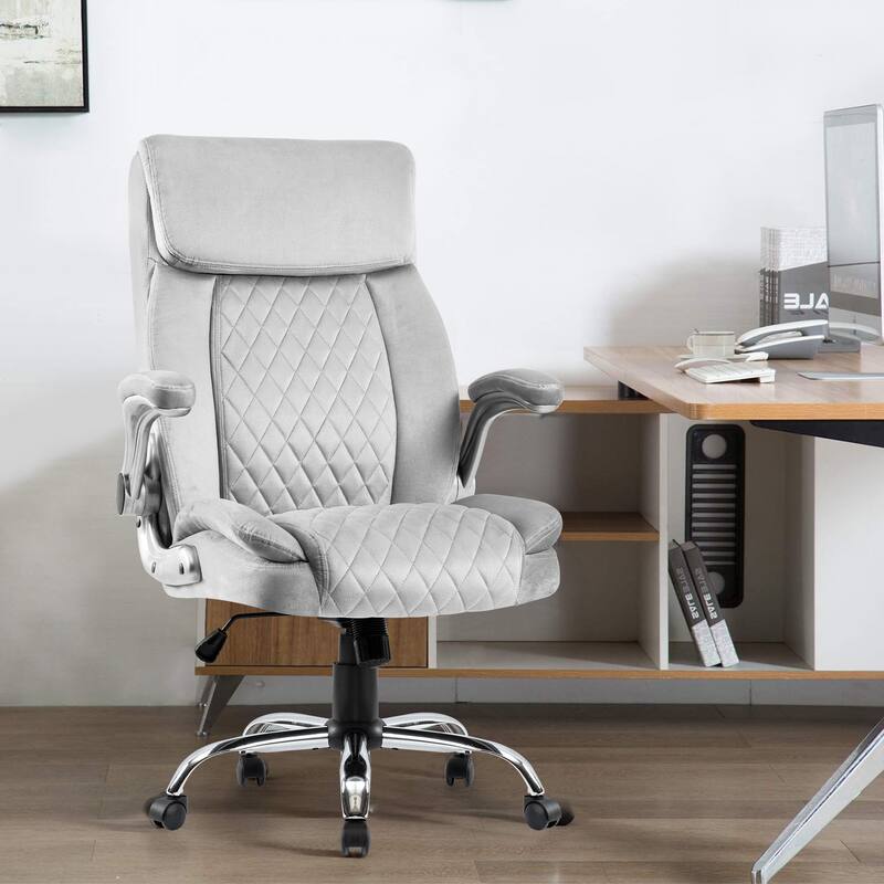 Ergonomic Velvet Desk Chair with Adjustable Armrests, Tilt, and Silent Swivel Wheels - Grey