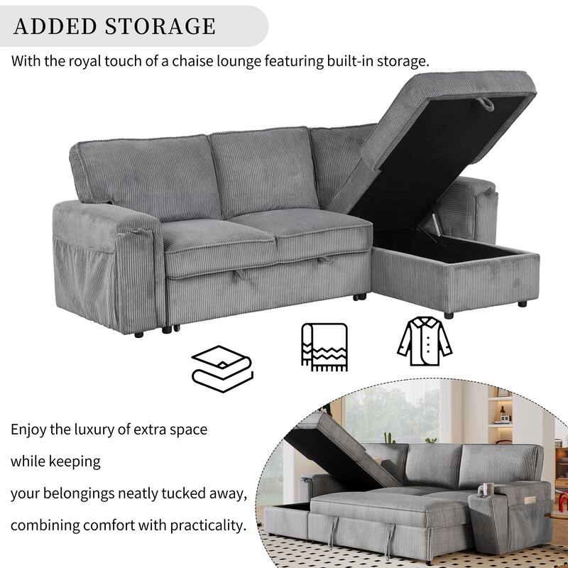 Versatile Sectional Sofa Set with 2 Cup Holders, 3-Seat Convertible Sleeper Sofa with Twin Pull-out Bed and Storage Bags - Gray