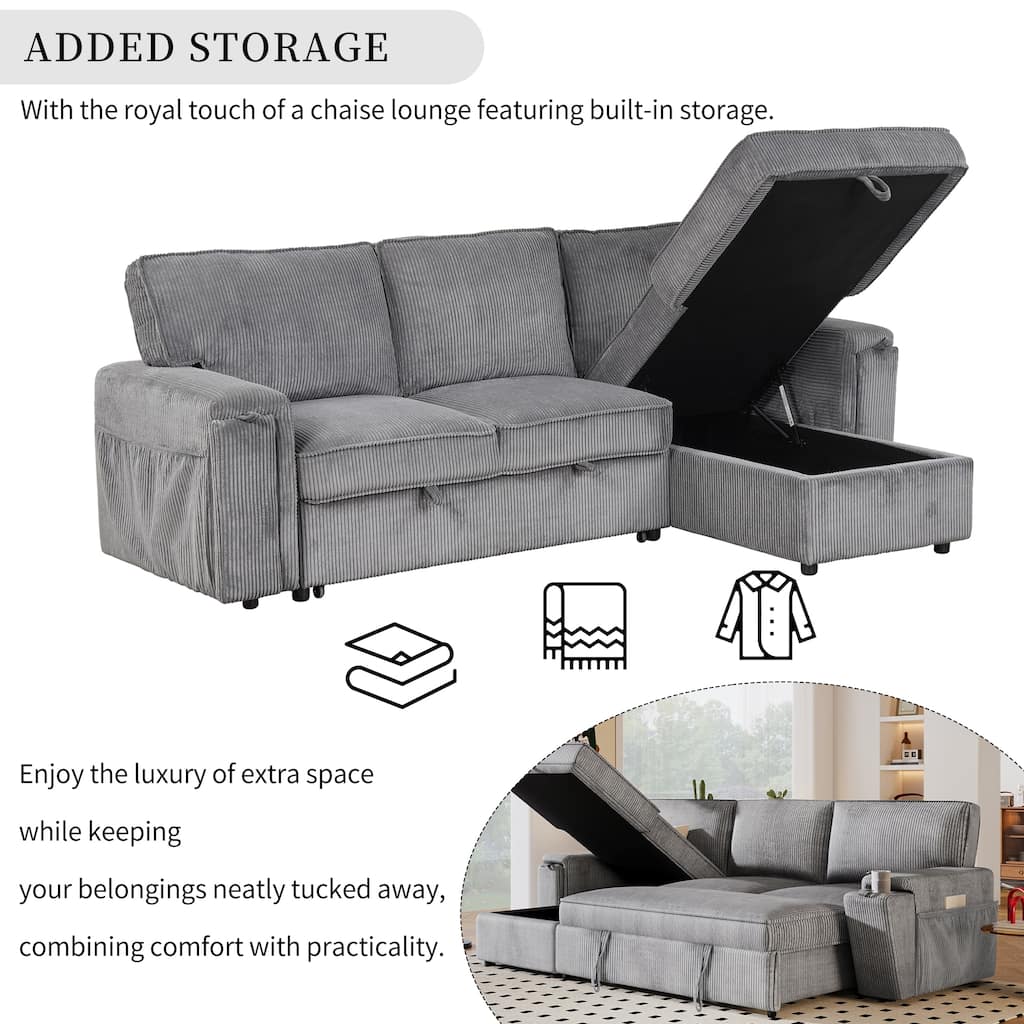 Versatile Sectional Sofa Set with 2 Cup Holders, 3-Seat Convertible Sleeper Sofa with Twin Pull-out Bed and Storage Bags