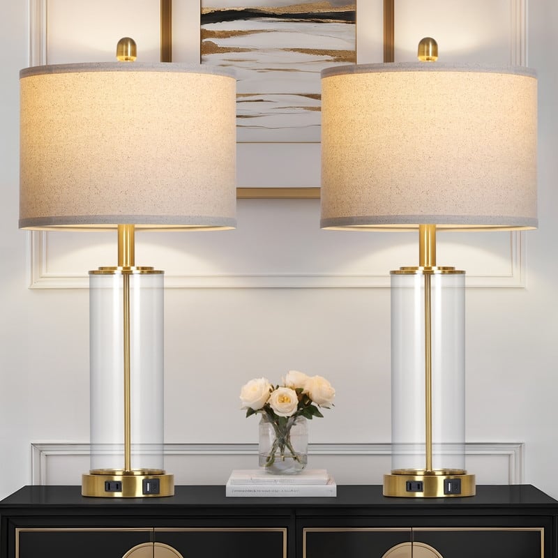 26'' Modern Glass Table Lamp with USB-C Fast Charging, Warm White LED(Set of 2) - 12.5'' x 12.5'' x 26''