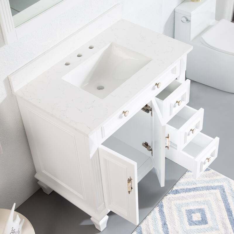 35'' H X 36'' W Solid Wood Bath Vanity with Stain-resistant Carrera Quartz Top and Single Sink