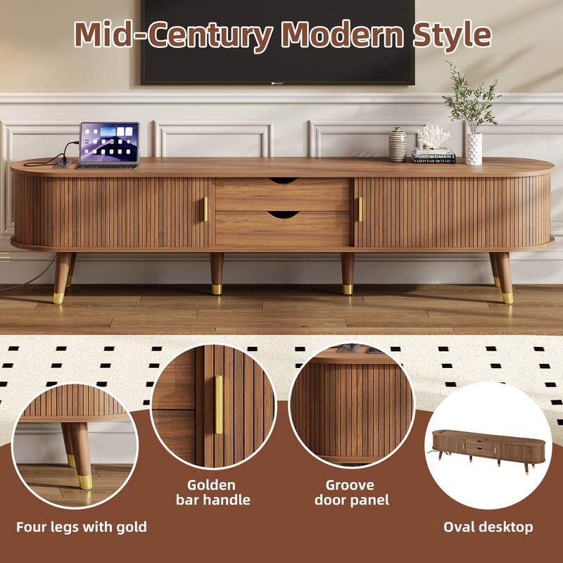 Wooden Oval Fluted TV Stand with Charging Station for TV up to 80", Mid-Century Media Console with Sliding Tambour Door