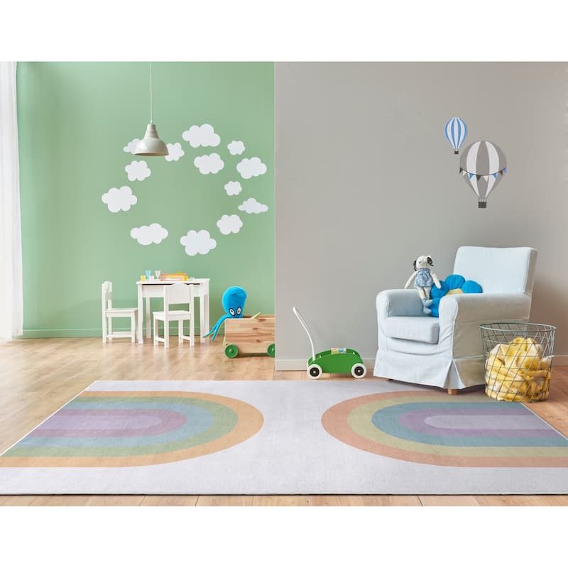 Well Woven Kids Rugs Rainbow Watercolor Modern Machine Washable Area Rug