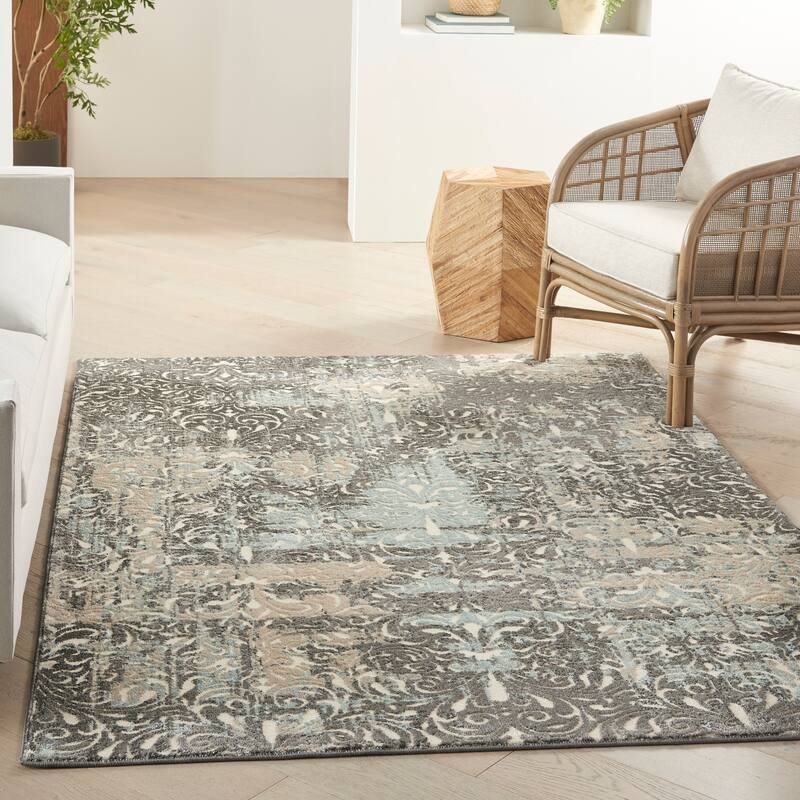 Nourison Soma Contemporary French Country Damask Area Rug - 5'3" x 7'3" - Charcoal Teal Ivory