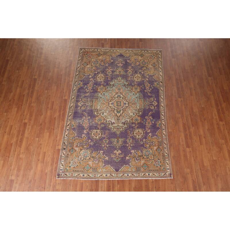 Distressed Purple Tabriz Persian Vintage Area Rug Handmade Wool Carpet - 6'0"x 9'2"