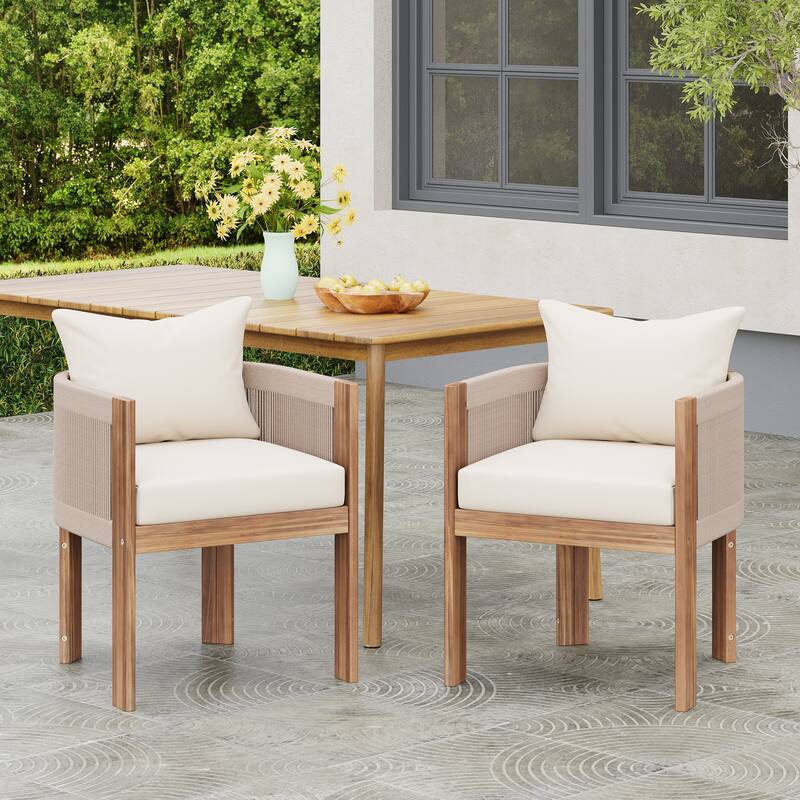 Roomfitters Matera Outdoor Acacia Wood Dining Chairs with Rope Back, Teak Finish and Beige Set of 2