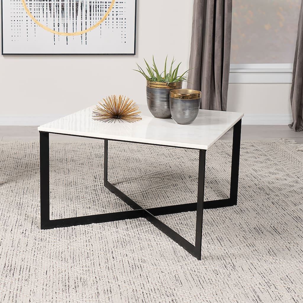 Volz White & Black Square Marble Top Coffee Table - Elegant Centerpiece for Living Rooms - White Marble