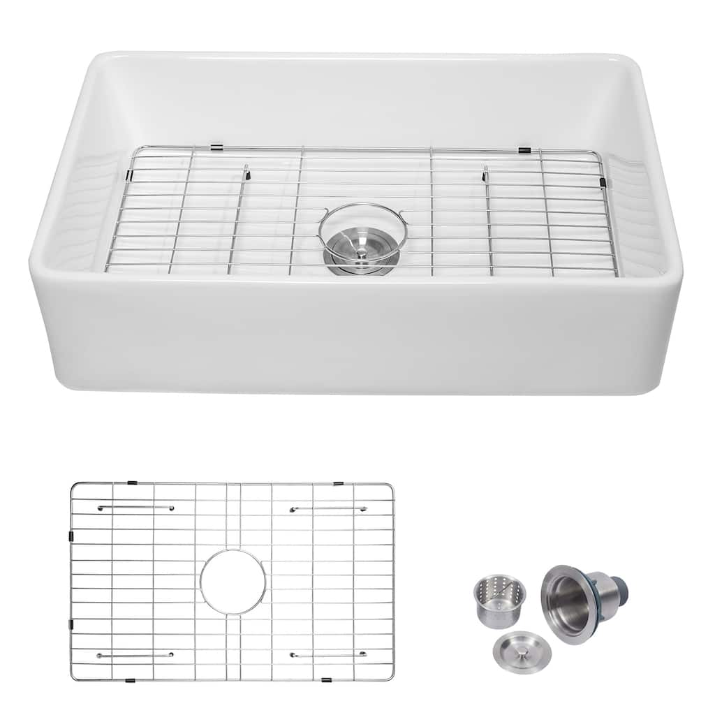 Kichae 33 Inch Ceramic Sink Undermount Farmhouse White Kitchen Sink - 33 in.W x 20 in.D x 9 in.H