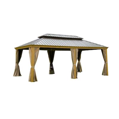 Outdoor Aluminum Hardtop Gazebo Wood Grain Frame with Galvanized Steel Double Canopy