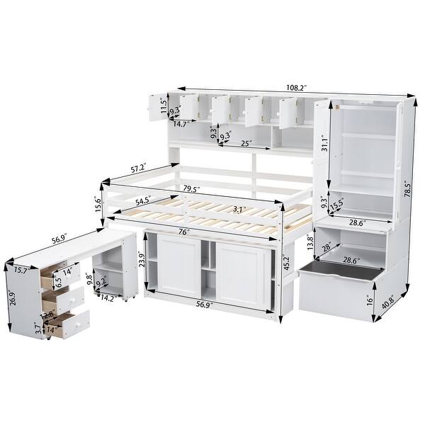 White Full Size Wooden Loft Bed with Integrated Wardrobe, Under-bed Desk, Drawers, with Shelves