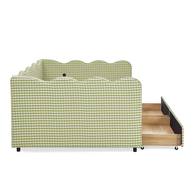 Full/Queen Gingham Daybed with 2 Storage Drawers, USB Port & Wave Shaped Linen Fabric