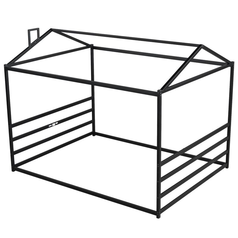 Queen Size Metal Floor Bed, Montessori Floor Bed with Roof, Black Bed