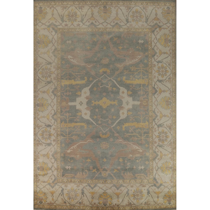 Oushak Indian Area Rug Hand-Knotted Transitional Green Wool Carpet - 9'11"x 13'8"