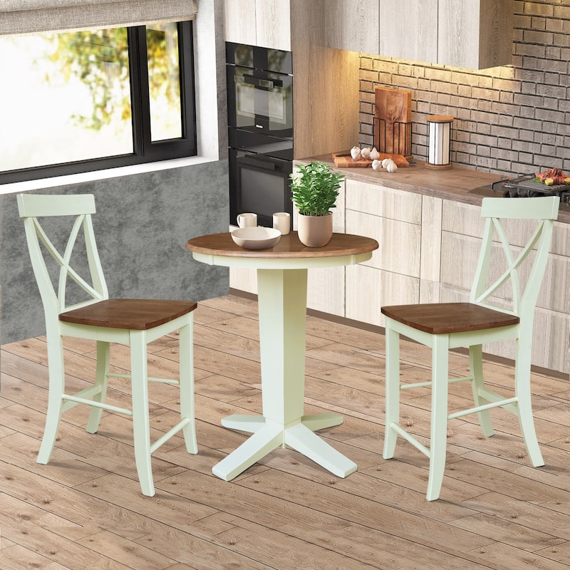 30" Solid Wood Round Top Pedestal Dining Table with 2 Counter Height Stools