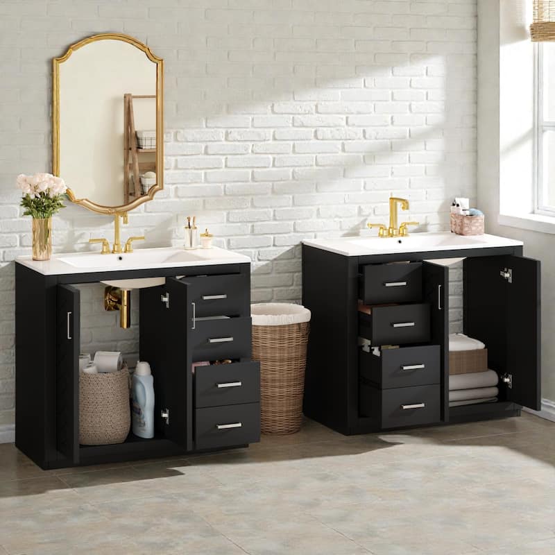 72" Solid Wood Freestanding Bathroom Vanity with Dual Ceramic Sinks, Double Storage Cabinet with Drawers and Soft-Close Doors
