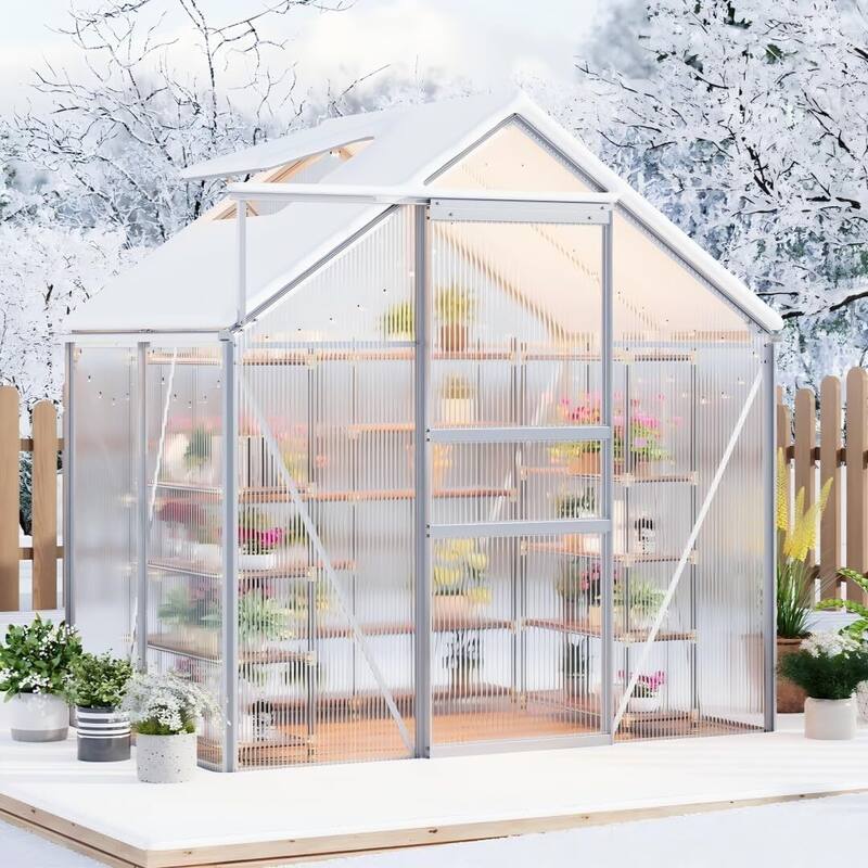 6x4FT Walk-in Polycarbonate Greenhouse for Outdoors Winter Gardening, Silver